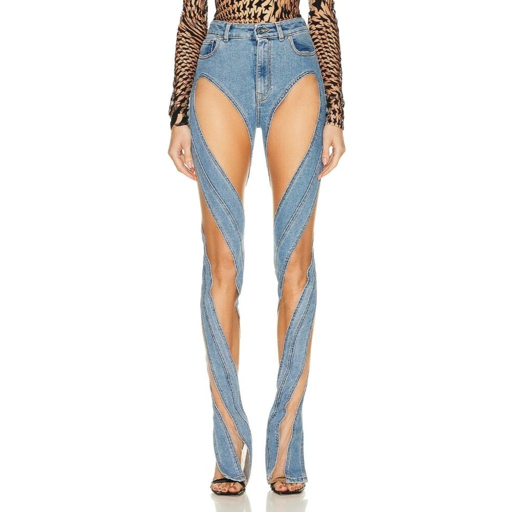 Mugler Spiral Skinny Jeans Medium Blue & Nude 01